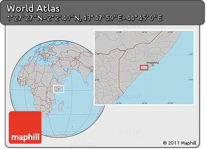 Gray Location Map of the Area around 1° 45' 3" N, 44° 16' 29" E