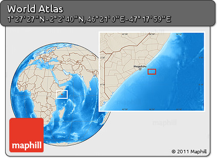 Shaded Relief Location Map of the Area around 1° 45' 3" N, 46° 49' 30" E