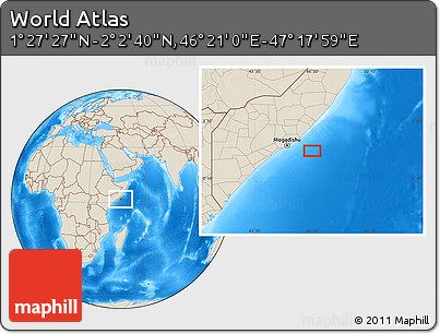 Shaded Relief Location Map of the Area around 1° 45' 3" N, 46° 49' 30" E