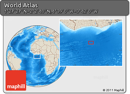 Shaded Relief Location Map of the Area around 1° 45' 3" N, 4° 10' 30" W