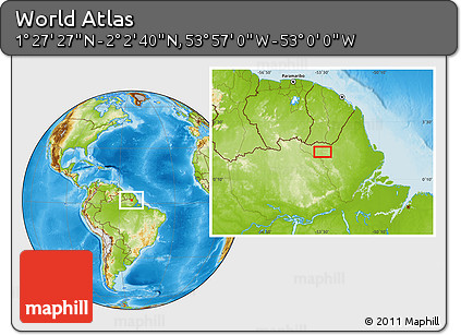Physical Location Map of the Area around 1° 45' 3" N, 53° 28' 30" W