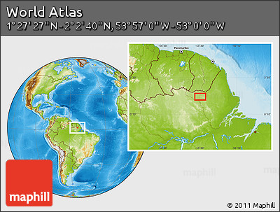 Physical Location Map of the Area around 1° 45' 3" N, 53° 28' 30" W