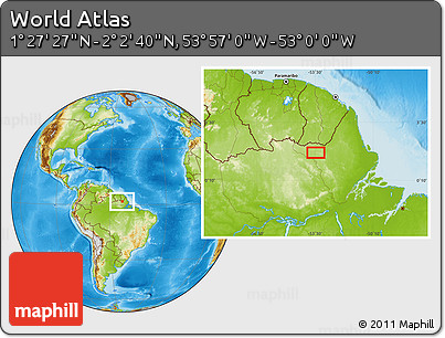 Physical Location Map of the Area around 1° 45' 3" N, 53° 28' 30" W