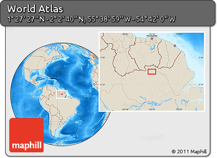 Shaded Relief Location Map of the Area around 1° 45' 3" N, 55° 10' 29" W