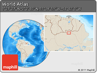Shaded Relief Location Map of the Area around 1° 45' 3" N, 55° 10' 29" W