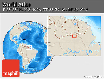 Shaded Relief Location Map of the Area around 1° 45' 3" N, 55° 10' 29" W