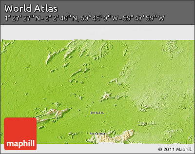 Physical 3D Map of the Area around 1° 45' 3" N, 60° 16' 29" W