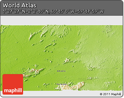 Physical 3D Map of the Area around 1° 45' 3" N, 60° 16' 29" W