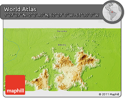 Physical 3D Map of the Area around 1° 45' 3" N, 61° 58' 30" W