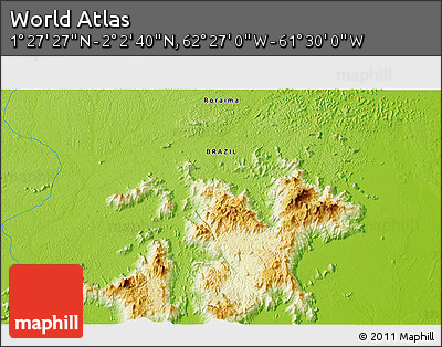 Physical 3D Map of the Area around 1° 45' 3" N, 61° 58' 30" W