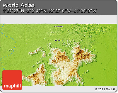 Physical 3D Map of the Area around 1° 45' 3" N, 61° 58' 30" W