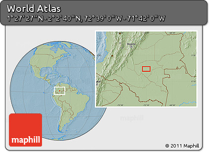 Savanna Style Location Map of the Area around 1° 45' 3" N, 72° 10' 30" W, hill shading