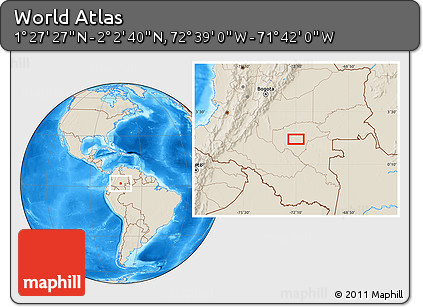 Shaded Relief Location Map of the Area around 1° 45' 3" N, 72° 10' 30" W
