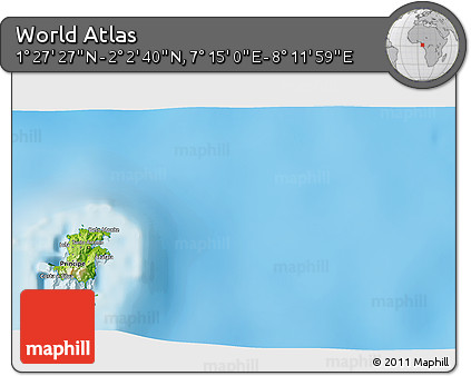 Physical 3D Map of the Area around 1° 45' 3" N, 7° 43' 29" E