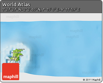 Physical 3D Map of the Area around 1° 45' 3" N, 7° 43' 29" E