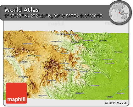 Physical 3D Map of the Area around 1° 45' 3" N, 99° 31' 30" E