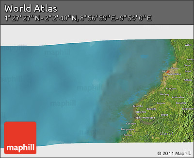 Satellite 3D Map of the Area around 1° 45' 3" N, 9° 25' 30" E