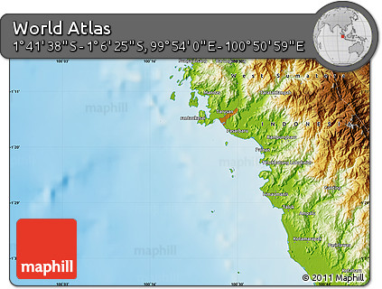 Physical Map of the Area around 1° 24' 2" S, 100° 22' 30" E