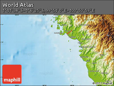 Physical Map of the Area around 1° 24' 2" S, 100° 22' 30" E