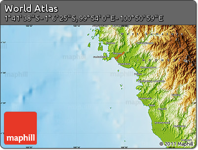 Physical Map of the Area around 1° 24' 2" S, 100° 22' 30" E