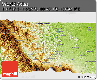 Physical 3D Map of the Area around 1° 24' 2" S, 101° 13' 29" E
