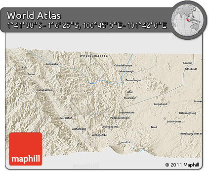 Shaded Relief 3D Map of the Area around 1° 24' 2" S, 101° 13' 29" E