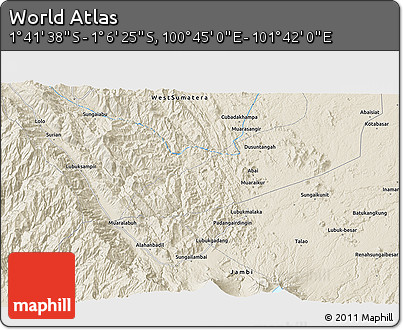 Shaded Relief 3D Map of the Area around 1° 24' 2" S, 101° 13' 29" E