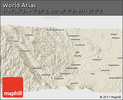 Shaded Relief 3D Map of the Area around 1° 24' 2" S, 101° 13' 29" E