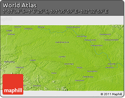 Physical 3D Map of the Area around 1° 24' 2" S, 102° 4' 29" E