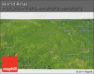 Satellite 3D Map of the Area around 1° 24' 2" S, 102° 4' 29" E