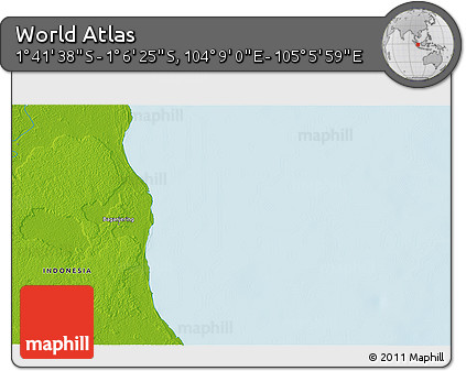 Physical 3D Map of the Area around 1° 24' 2" S, 104° 37' 30" E