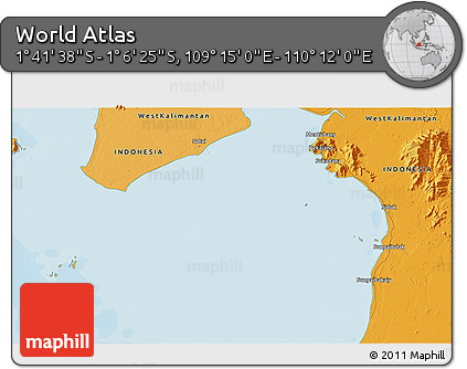 Political 3D Map of the Area around 1° 24' 2" S, 109° 43' 29" E