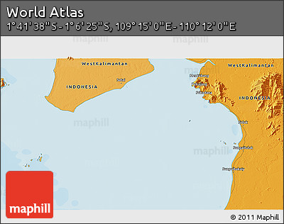 Political 3D Map of the Area around 1° 24' 2" S, 109° 43' 29" E
