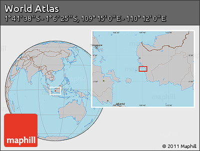 Gray Location Map of the Area around 1° 24' 2" S, 109° 43' 29" E