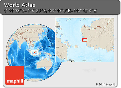 Shaded Relief Location Map of the Area around 1° 24' 2" S, 109° 43' 29" E