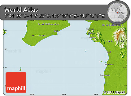 Physical Map of the Area around 1° 24' 2" S, 109° 43' 29" E