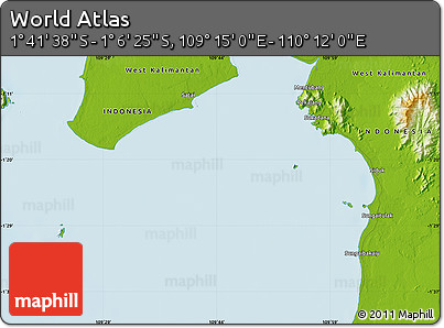 Physical Map of the Area around 1° 24' 2" S, 109° 43' 29" E