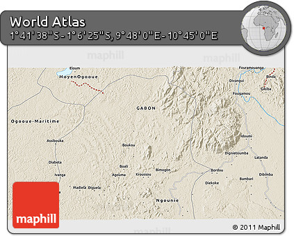 Shaded Relief 3D Map of the Area around 1° 24' 2" S, 10° 16' 30" E