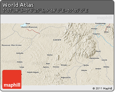 Shaded Relief 3D Map of the Area around 1° 24' 2" S, 10° 16' 30" E
