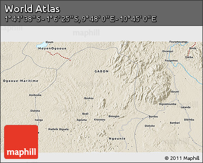 Shaded Relief 3D Map of the Area around 1° 24' 2" S, 10° 16' 30" E