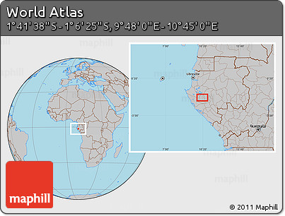 Gray Location Map of the Area around 1° 24' 2" S, 10° 16' 30" E