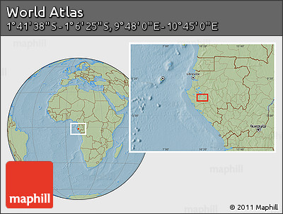 Savanna Style Location Map of the Area around 1° 24' 2" S, 10° 16' 30" E, hill shading