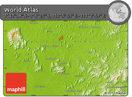 Physical Map of the Area around 1° 24' 2" S, 110° 34' 29" E