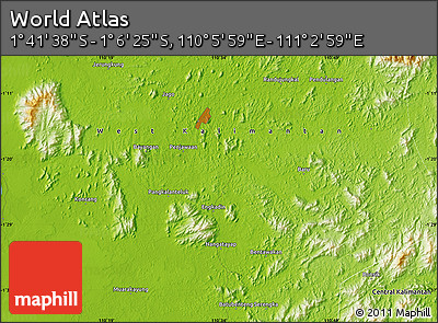 Physical Map of the Area around 1° 24' 2" S, 110° 34' 29" E