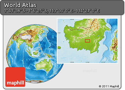 Physical Location Map of the Area around 1° 24' 2" S, 113° 58' 29" E