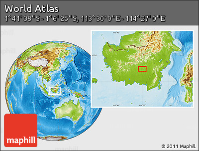 Physical Location Map of the Area around 1° 24' 2" S, 113° 58' 29" E