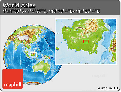 Physical Location Map of the Area around 1° 24' 2" S, 113° 58' 29" E