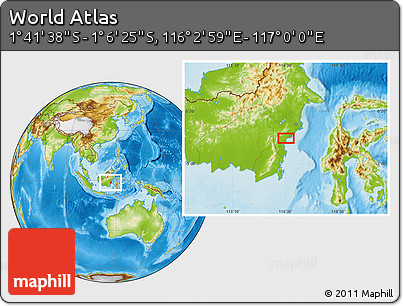 Physical Location Map of the Area around 1° 24' 2" S, 116° 31' 30" E