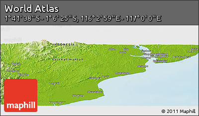 Physical Panoramic Map of the Area around 1° 24' 2" S, 116° 31' 30" E