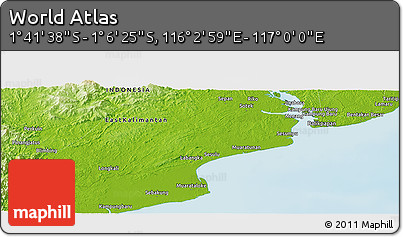Physical Panoramic Map of the Area around 1° 24' 2" S, 116° 31' 30" E